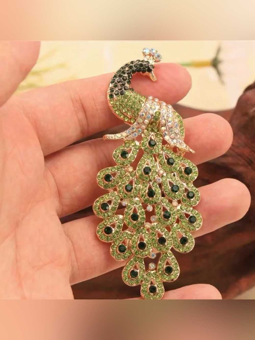 Peacock Rhinestone Encrusted Brooch Modern New Gold Tone